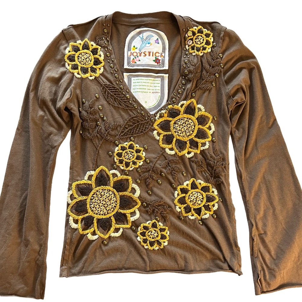 Joystick Johnny Was Flower Embroidered Hand Stitched Boho Long Sleeve Top